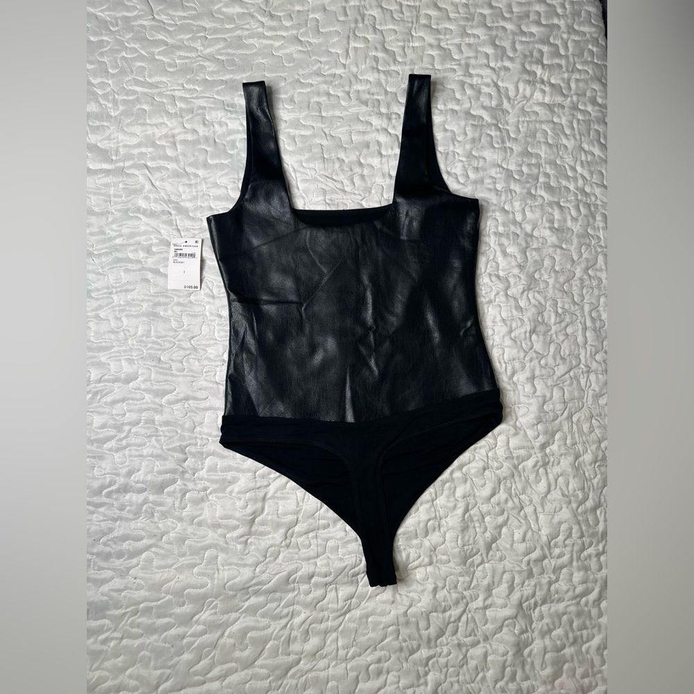 Good American Faux Leather Bodysuit Black GB0499 Sleek Edgy Streetwear Size Med - Picture 12 of 12